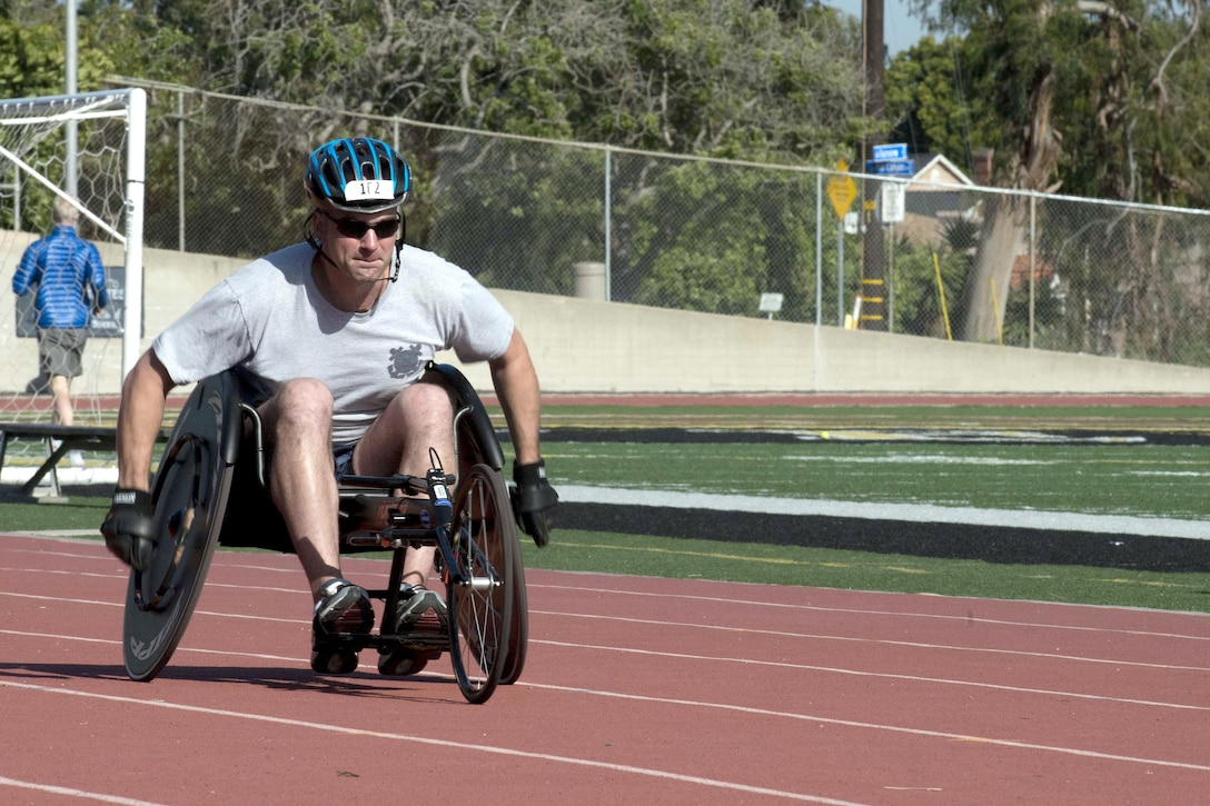 Coast Guard Petty Officer 1st Class Robert Troha trains during the Navy and Coast Guard Wounded Warrior Training Camp at Port Hueneme, Calif., May 11, 2017. The Navy and Coast Guard Wounded Warrior Training Camp is held in Port Hueneme each year to prepare participants for the Wounded Warrior Games. Navy photo by Petty Officer 3rd Class Taylor Stinson