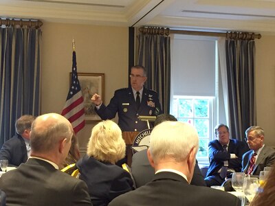 U.S. Air Force Gen. John Hyten, commander of U.S. Strategic Command (USSTRATCOM), delivers a speech at the Mitchell Institute for Aerospace Studies Strategic Deterrence Breakfast Series event in Washington, D.C., June 20, 2017. In his remarks, Hyten discussed the need for space, nuclear and missile defense modernization. The Mitchell Institute for Aerospace Studies is an independent, nonpartisan policy research institute that provides creative, insightful policy options to better empower the nation's leaders. One of nine Department of Defense unified combatant commands, USSTRATCOM has global strategic missions assigned through the Unified Command Plan that include strategic deterrence, space operations, cyberspace operations, joint electronic warfare, global strike, missile defense, intelligence, and analysis and targeting. (U.S. Navy photo by Capt. Brook DeWalt)