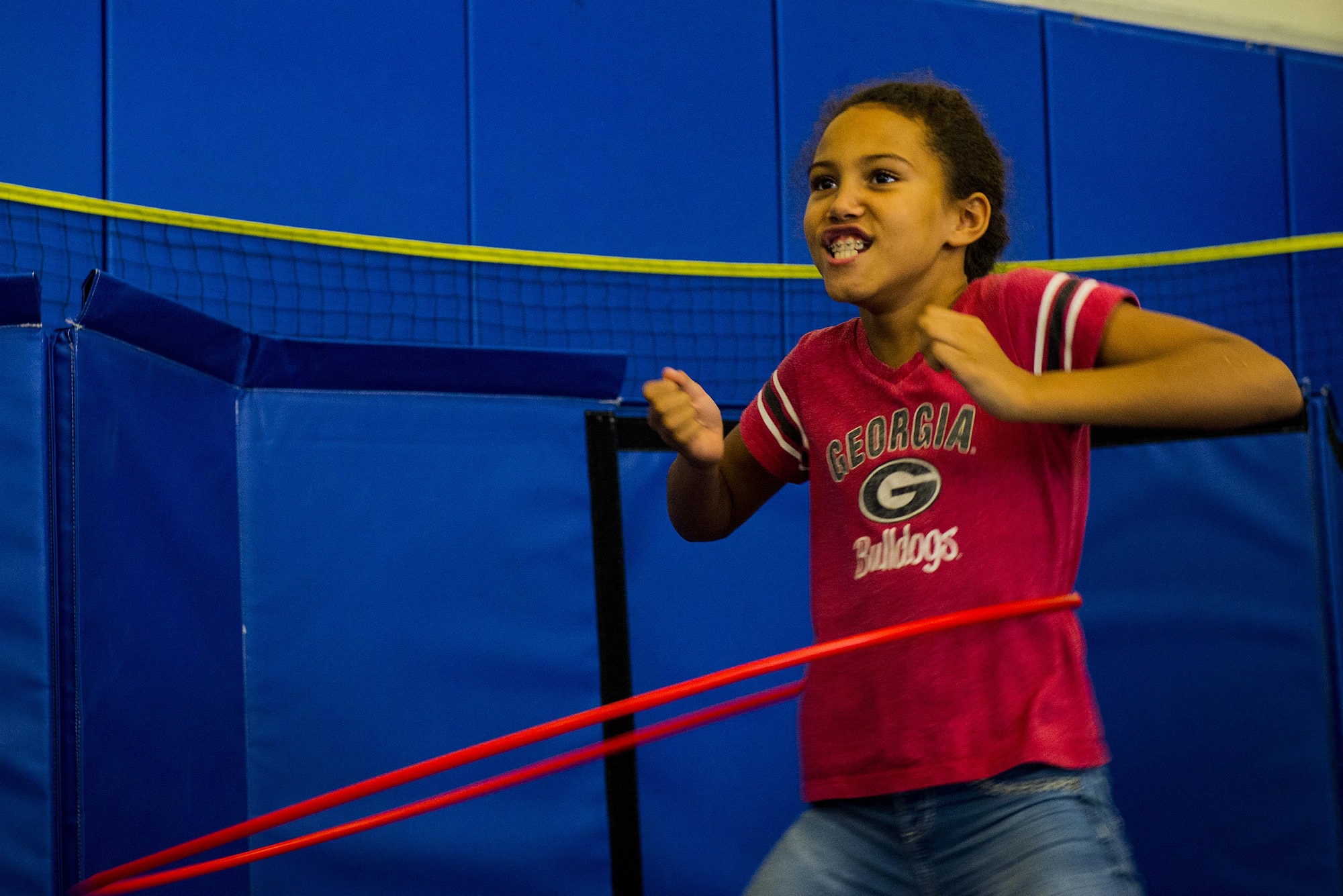 Lillian, daughter of Staff Sgt. Jennifer Williams, 23d Aircraft Maintenance Squadron bioenvironmental engineering craftsman, hula-hoops in the Youth Center during Olympic Week, June 15, 2017, at Moody Air Force Base, Ga. Hula-hooping was part of the Youth Center’s annual Olympic Week, with the goal of promoting unity and healthy lifestyles. (U.S. Air Force Photo by Airman 1st Class Erick Requadt)