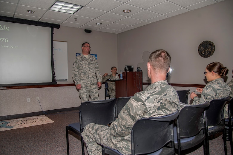 PETERSON AIR FORCE BASE, Colo. - Tech. Sgt. Thomas Echelmeyer, 21st Aerospace Medicine Squadron Bioenvironmental Engineering NCO in charge, leads a lunch-n-learn seminar on how to lead the millennial generation, June 14, 2017, at Peterson Air Force Base, Colo. The discussion covered everything from the millennial generation’s work ethic, relationships, education, and religion. They also talked about what motivates a millennial to better lead them in accomplishing the Air Force mission. (U.S. Air Force photo by Tiffany Lundberg)