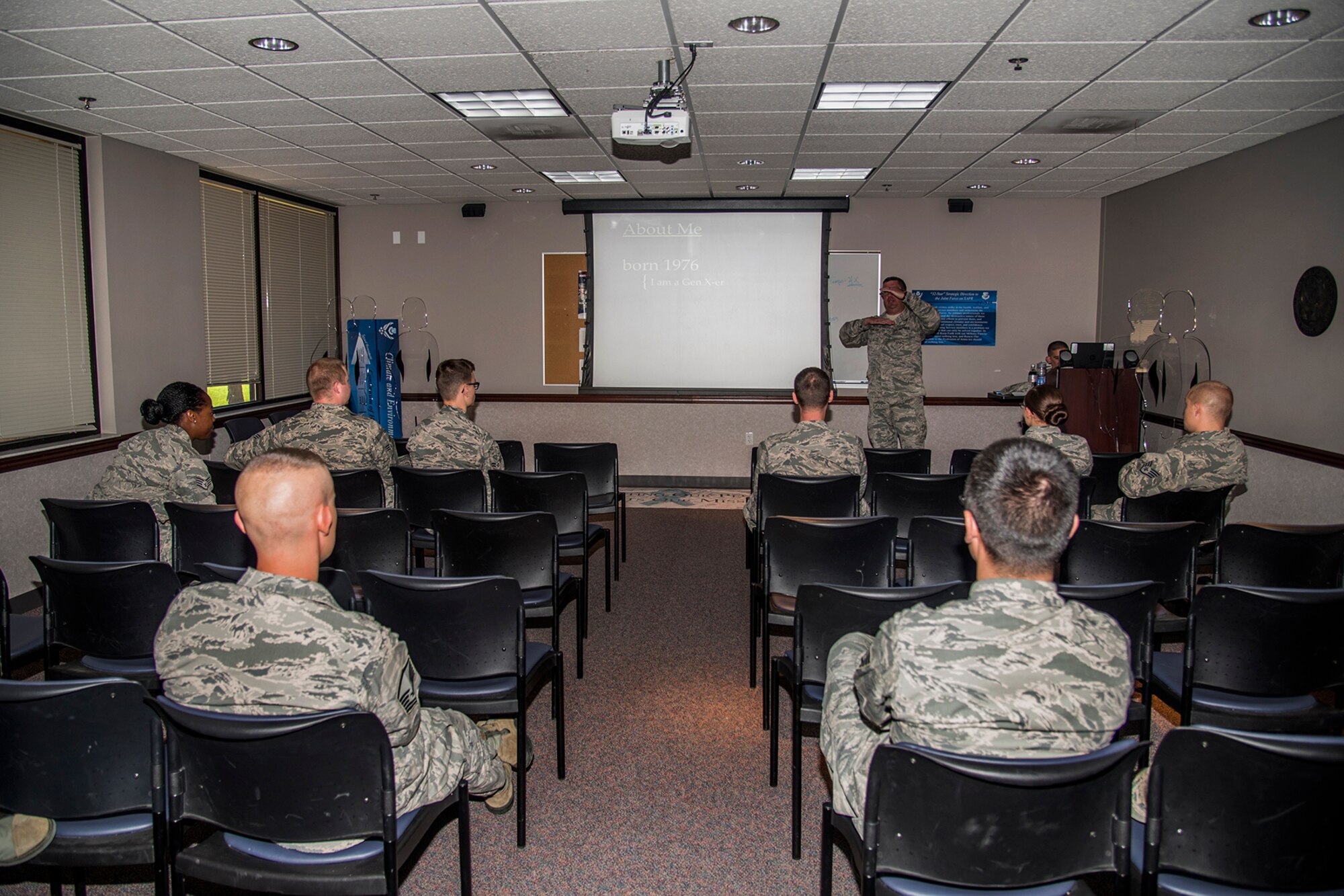PETERSON AIR FORCE BASE, Colo. - Tech. Sgt. Thomas Echelmeyer, 21st Aerospace Medicine Squadron Bioenvironmental Engineering NCO in charge, leads a lunch-n-learn seminar on how to lead the millennial generation, June 14, 2017, at Peterson Air Force Base, Colo. The seminar is hosted by Master Sgt. Gerald Morey, 21st Wing Staff Agency first sergeant, to bring Team Pete Airmen together to discuss various Air Force and personnel related topics. (U.S. Air Force photo by Staff Sgt. Tiffany Lundberg)