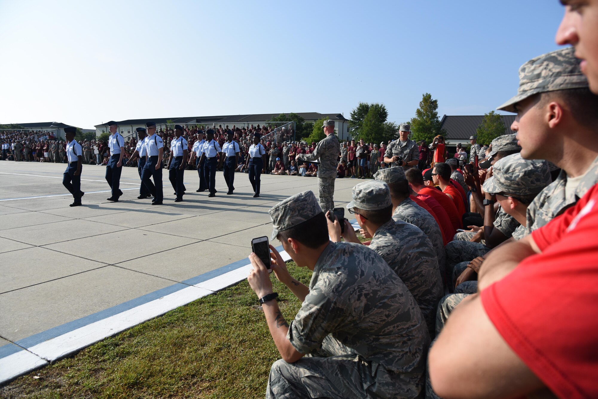 Members of the 336th Training Squadron regulation drill team perform during the 81st Training Group drill down on the Levitow Training Support Facility drill pad June 16, 2017, on Keesler Air Force Base, Miss. Airmen from the 81st TRG competed in a quarterly open ranks inspection, regulation drill routine and freestyle drill routine. The 334th TRS “Gators” took first place this quarter. (U.S. Air Force photo by Kemberly Groue)