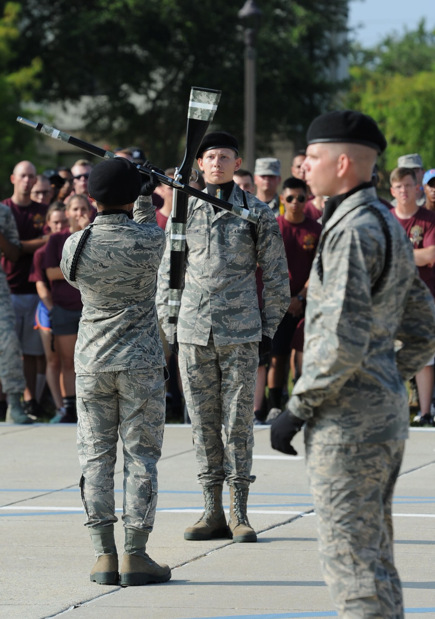 Airman 1st Class, Clinton Woodhams, 334th Training Squadron freestyle drill team member, performs during the 81st Training Group drill down on the Levitow Training Support Facility drill pad June 16, 2017, on Keesler Air Force Base, Miss. Airmen from the 81st TRG competed in a quarterly open ranks inspection, regulation drill routine and freestyle drill routine. The 334th TRS “Gators” took first place this quarter. (U.S. Air Force photo by Kemberly Groue)