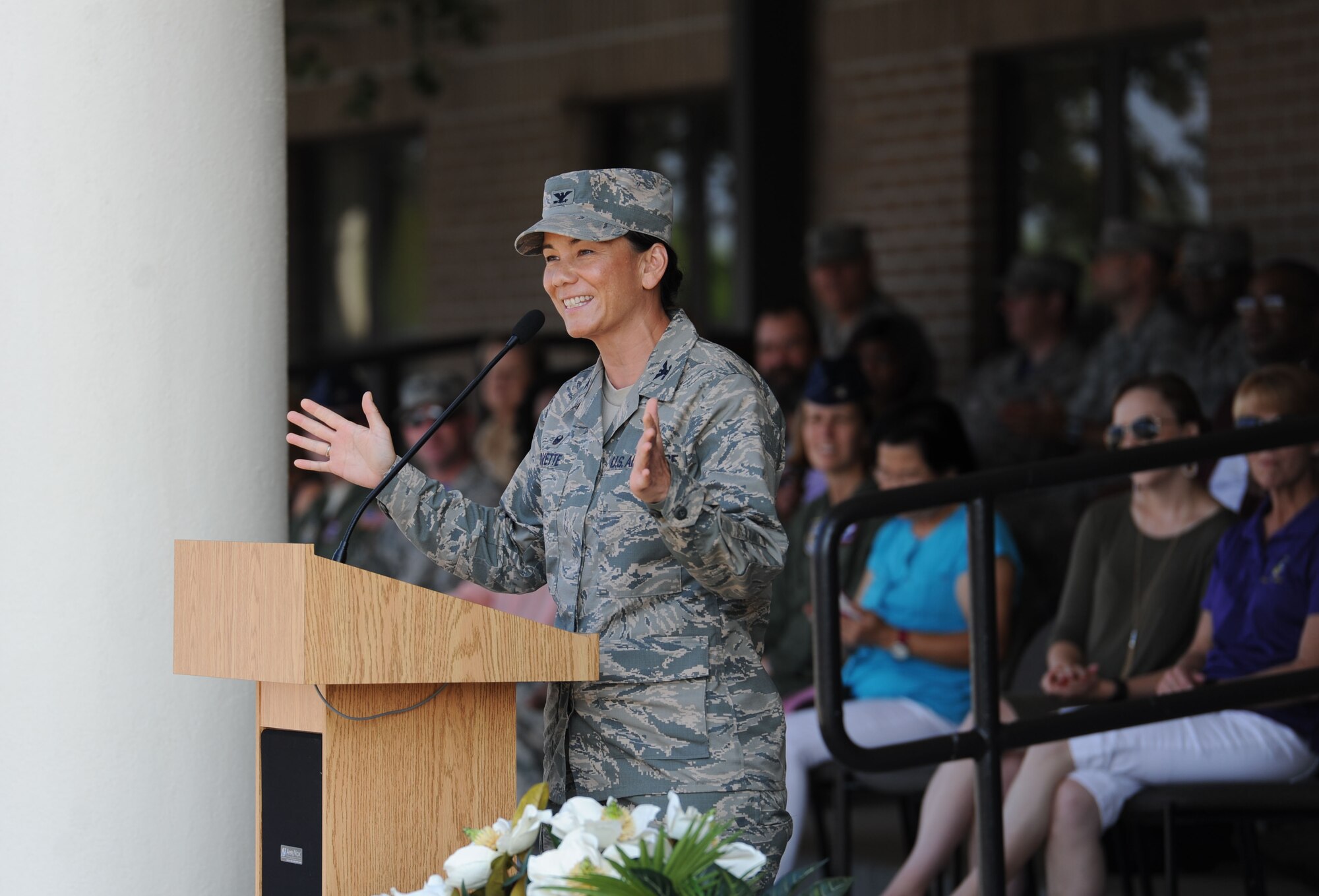 Col. Debra Lovette, 81st Training Wing commander, delivers remarks during the 81st Training Group drill down at the Levitow Training Support Facility drill pad June 16, 2017, on Keesler Air Force Base, Miss. Airmen from the 81st TRG competed in a quarterly open ranks inspection, regulation drill routine and freestyle drill routine. The 334th TRS “Gators” took first place this quarter. (U.S. Air Force photo by Kemberly Groue)