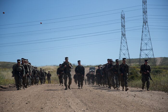 U.S. Marines with Combat Logistics Battalion 5, Combat Logistics Regiment 1, 1st Marine Logistics Group participate in a six mile conditioning hike on Camp Pendleton, Calif., June 16, 2017. The Marines have four conditioning hikes to prepare for Mountain Exercise 4-17 which will be conducted on the Marine Corps Mountain Warfare Training Center in Bridgeport, Calif. (U.S. Marine Corps photo by Lance Cpl. Timothy Shoemaker)