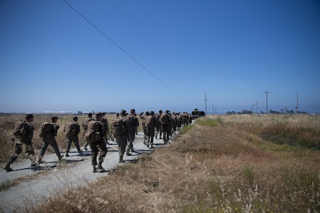 U.S. Marines with Combat Logistics Battalion 5, Combat Logistics Regiment 1, 1st Marine Logistics Group participate in a six mile conditioning hike on Camp Pendleton, Calif., June 16, 2017. The Marines have four conditioning hikes to prepare for Mountain Exercise 4-17 which will be conducted on the Marine Corps Mountain Warfare Training Center in Bridgeport, Calif. (U.S. Marine Corps photo by Lance Cpl. Timothy Shoemaker)