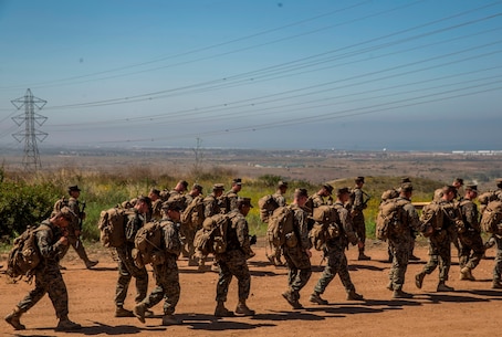 U.S. Marines with Combat Logistics Battalion 5, Combat Logistics Regiment 1, 1st Marine Logistics Group participates in a six mile conditioning hike on Camp Pendleton, Calif., June 16, 2017. The Marines have four conditioning hikes to prepare for Mountain Exercise 4-17 which will be conducted on the Marine Corps Mountain Warfare Training Center in Bridgeport, Calif. (U.S. Marine Corps photo by Lance Cpl. Adam Dublinske)