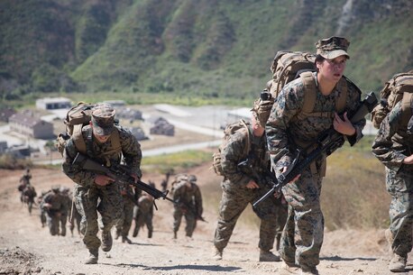 U.S. Marines with Combat Logistics Battalion 5, Combat Logistics Regiment 1, 1st Marine Logistics Group participate in a six mile conditioning hike on Camp Pendleton, Calif., June 16, 2017. The Marines have four conditioning hikes to prepare for Mountain Exercise 4-17 which will be conducted on the Marine Corps Mountain Warfare Training Center in Bridgeport, Calif. (U.S. Marine Corps photo by Lance Cpl. Timothy Shoemaker)