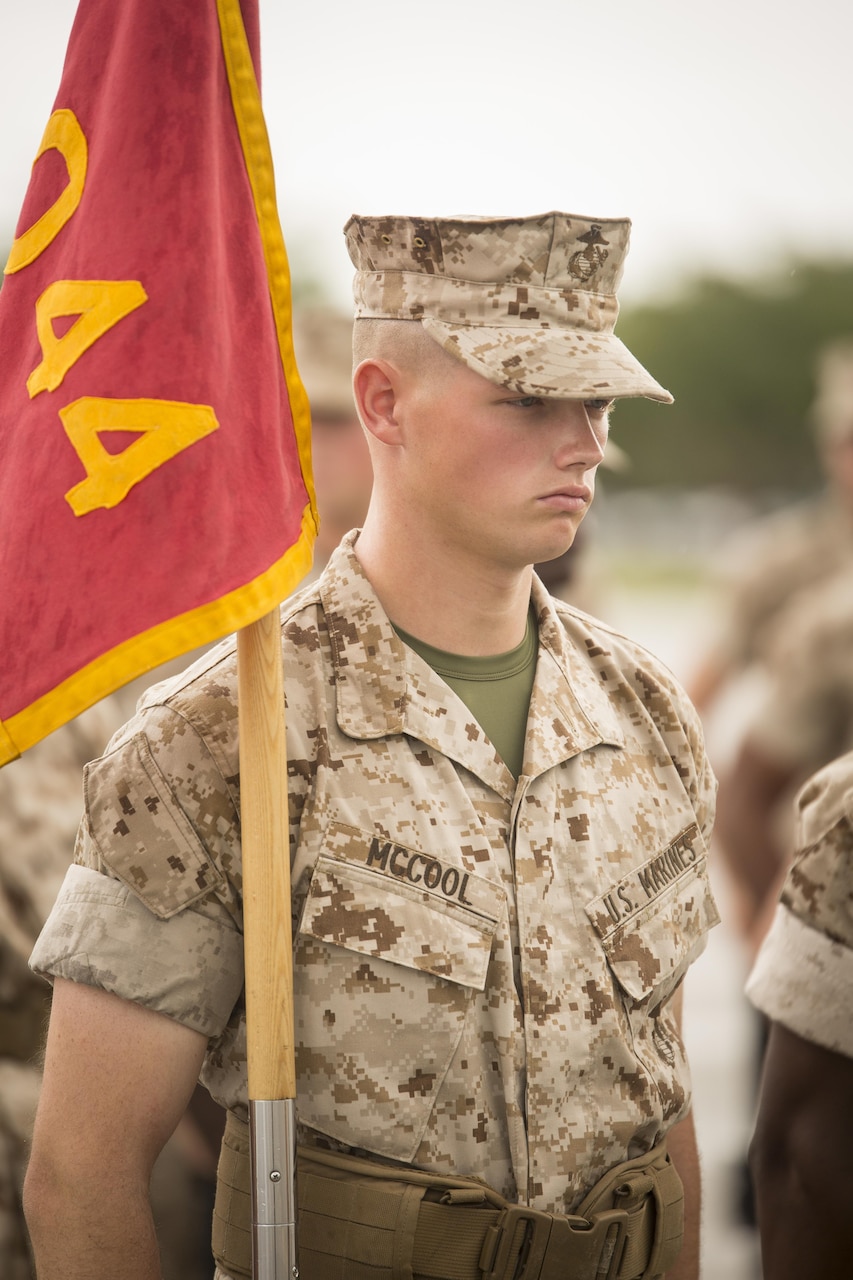 Marine Corps Pfc. Sean G. McCool stands at attention during a final drill evaluation at Marine Corps Recruit Depot Parris Island, S.C., May 31, 2017. Marine Corps photo by Lance Cpl. Joseph Jacob