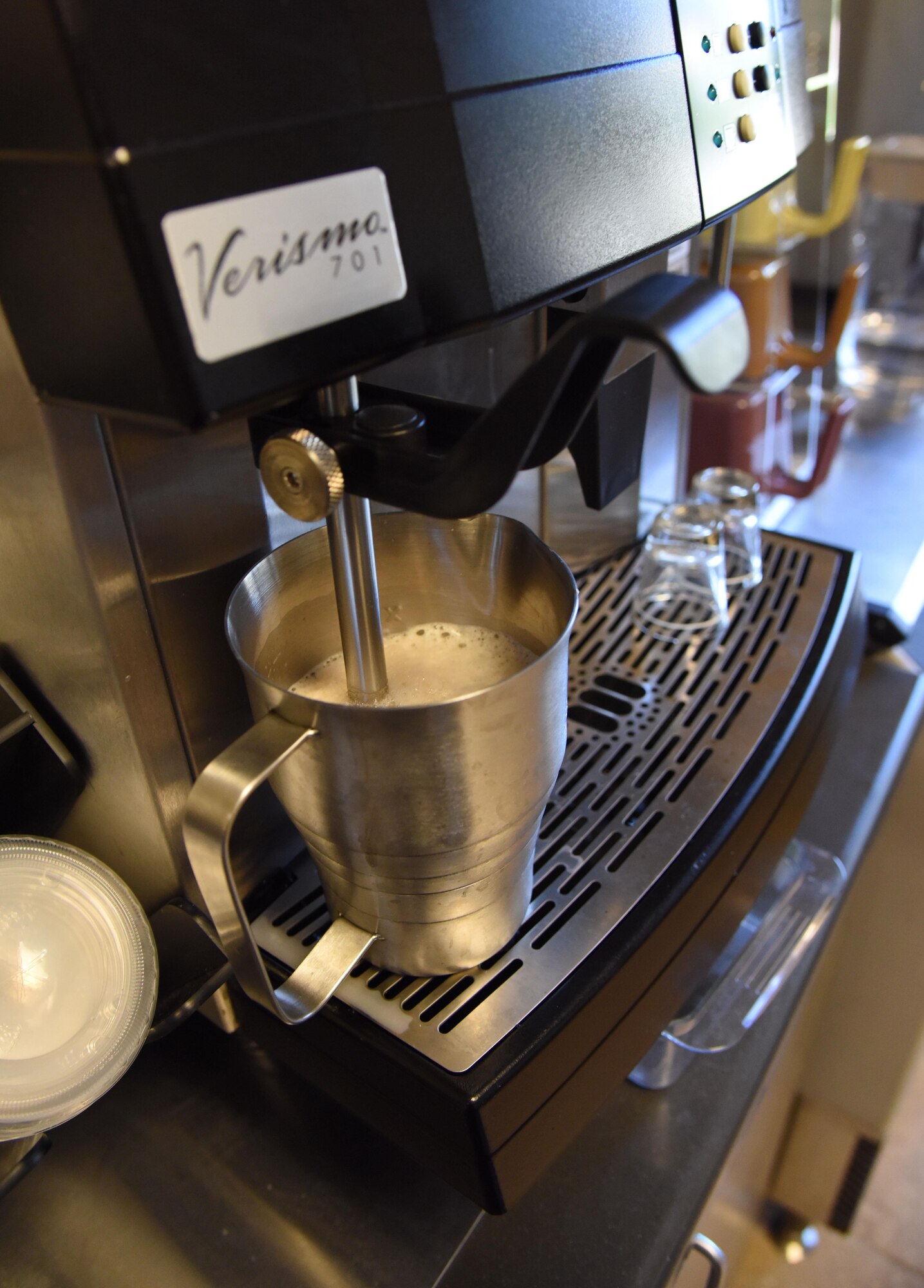 A gourmet coffee is prepared at “It Is In The Cup” in the Bay Breeze Event Center June 8, 2017, on Keesler Air Force Base, Miss. Keesler's new coffee & smoothie bar will have its grand opening on June 29 at the Bay Breeze Event Center. The facility proudly serves Starbucks coffee, Frappuccino’s, iced beverages and espresso as well as Island Oasis smoothies in a variety of flavors. A full menu of items can be found at keesler81fss.us. (U.S. Air Force photo by Kemberly Groue)