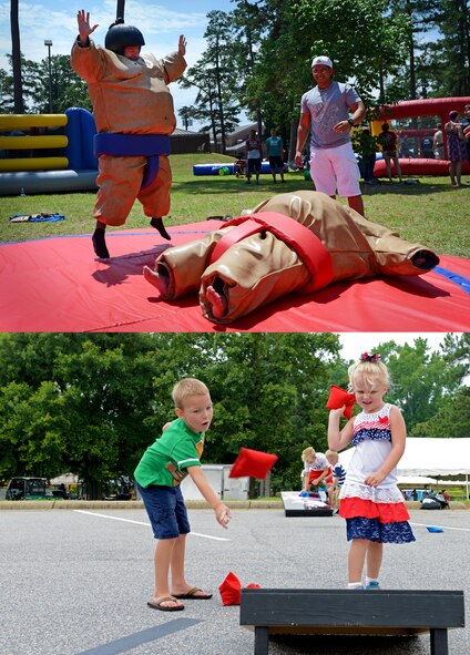 Team Shaw members participate in the annual Freedom Bash celebration at Shaw Air Force Base, S.C., in 2015, top, and 2016. The 20th Force Support Squadron hosted the event to bring Airmen together to celebrate the Fourth of July. (Photo illustration by Airman 1st Class Destinee Sweeney)