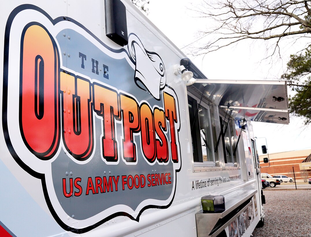The Outpost Food Truck awaits Soldiers to test out the food menus at the Joint Culinary Center of Excellence Field Feeding Training Area, Fort Lee, Virginia.