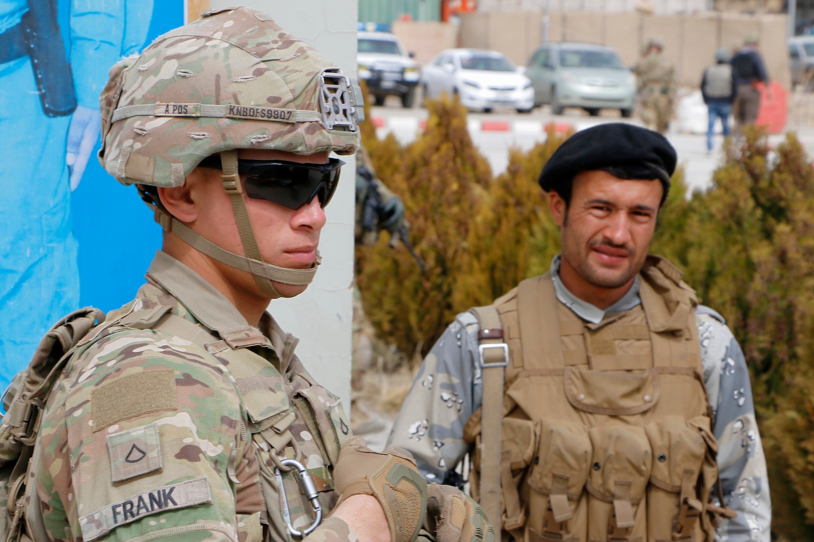 Pfc. Samuel Frank a Cavalry Scout with B Troop, 6th Squadron, 1st Cavalry Regiment, 1st Armored Division conducts “Guardian Angel” security duty Mar. 20 for the Police Advising Team at the 303rd Police Zone Headquarters in Gardez, Afghanistan. The Guardian Angels of AP Lightning went through a week of training, over and above their Cavalry Scout training, before being able to conduct Guardian Angel duty. (U.S. Army photo provided by Sgt. Christopher B. Dennis, 1st Cavalry Division PAO.)