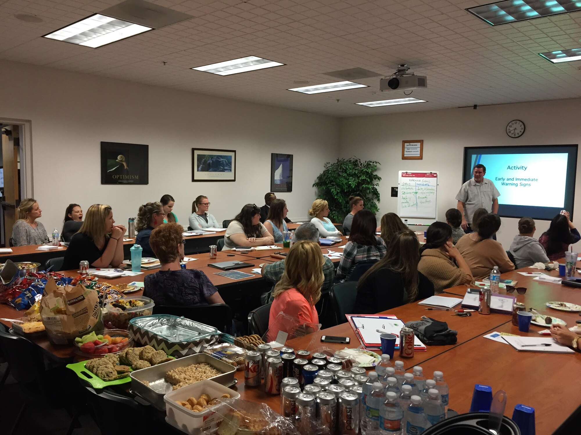 A group of 35 Key Spouses and Key Spouse Mentors at Travis Air Force Base, California, receive initial Green Dot training May 24 at a quarterly training session. The group was among the first spouses to receive the training. (Courtesy photo)