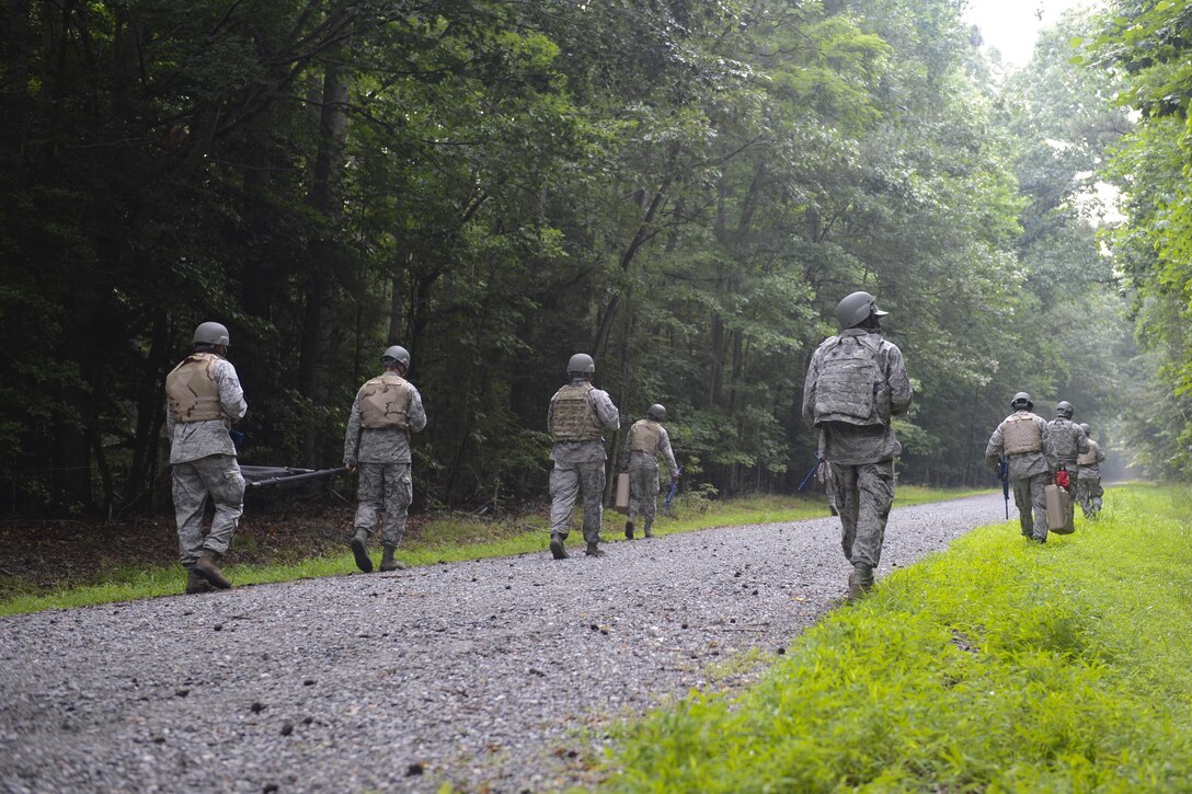 U.S. Air Force Airmen assigned to the 633rd Civil Engineer Squadron practice convoy training during a Prime Base Engineer Emergency Force training at Joint Base Langley-Eustis, Va., June 15, 2017. Throughout the convoy training, the Airmen practiced their situational awareness by finding and identifying simulated improvised explosive devices. (U.S. Air Force photo/Airman 1st Class Kaylee Dubois)