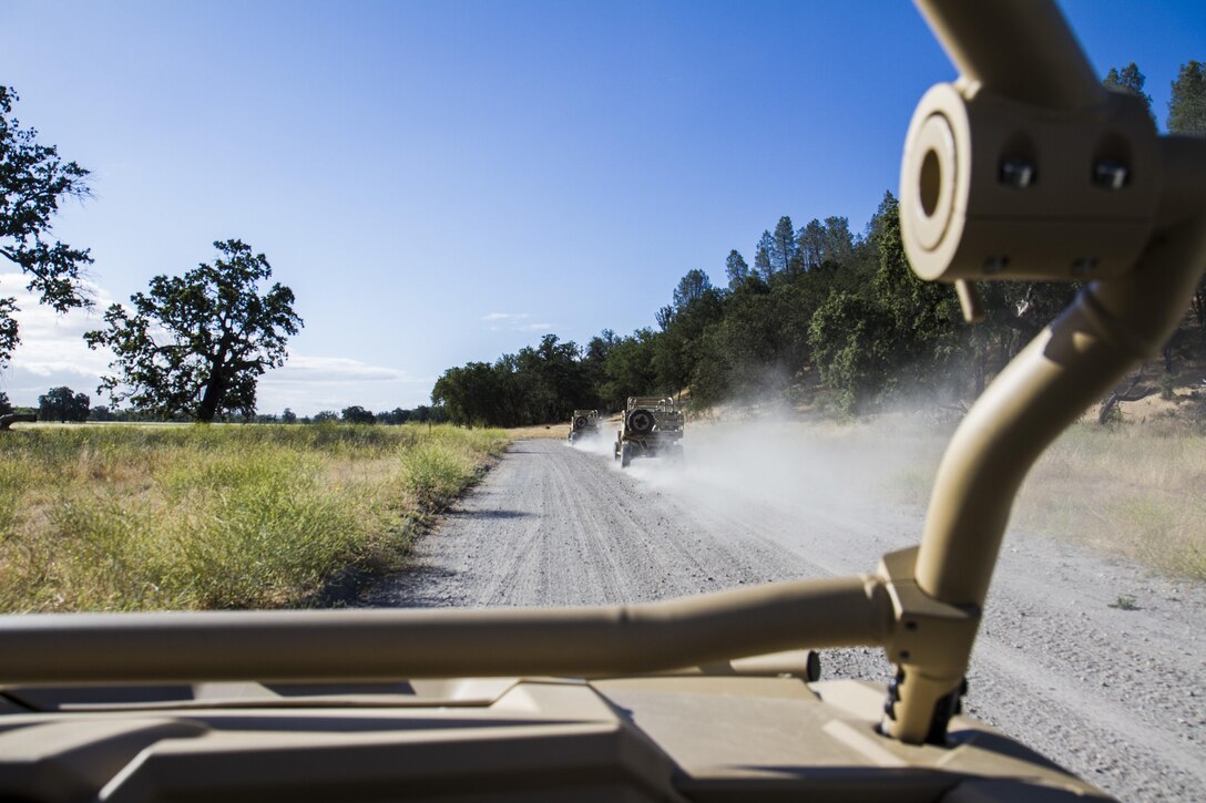 U.S. Army Soldiers drive Polaris RZRs to various Tactical Assembly Areas (TAA[s]) being utilized throughout Fort Hunter Liggett for the Warrior Exercise (WAREX) on Fort Hunter Liggett, Calif. on June 12, 2017. The RZRs are a new method of transportation for the Army, to be used as a high speed mobile operation that cuts costs compared to the standard High Mobility Multipurpose Wheeled Vehicle (HMMWV) (U.S. Army photo by Spc. Sean McCallon, 91st Training Division public affairs/Released)