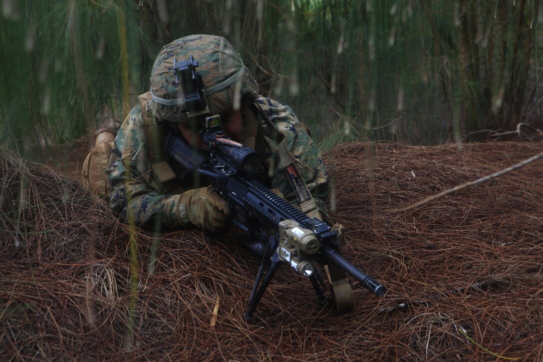 A Marine assigned to Lima Company, 3rd Battalion, 3rd Marine Regiment, 3rd Marine Division, conducts Exercise Bougainville 1-17.2 at Training Area Kahukus, Hawaii, June 14,  2017. Bougainville is an exercise conducted to enhance the battalion's lethality and effectiveness as a force in readiness. (U.S. Marine Corps photo by Cpl. Alex Kouns/Released)