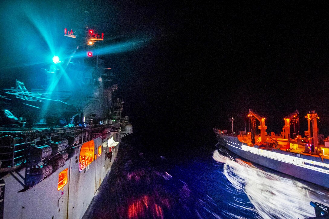 The USNS Rappahannock steams alongside the USS Bonhomme Richard during an underway replenishment in the Philippine Sea, June 16, 2017. The Bonhomme Richard is operating in the Indo-Asia-Pacific region. Navy photo by Petty Officer 2nd Class Jeanette Mullinax