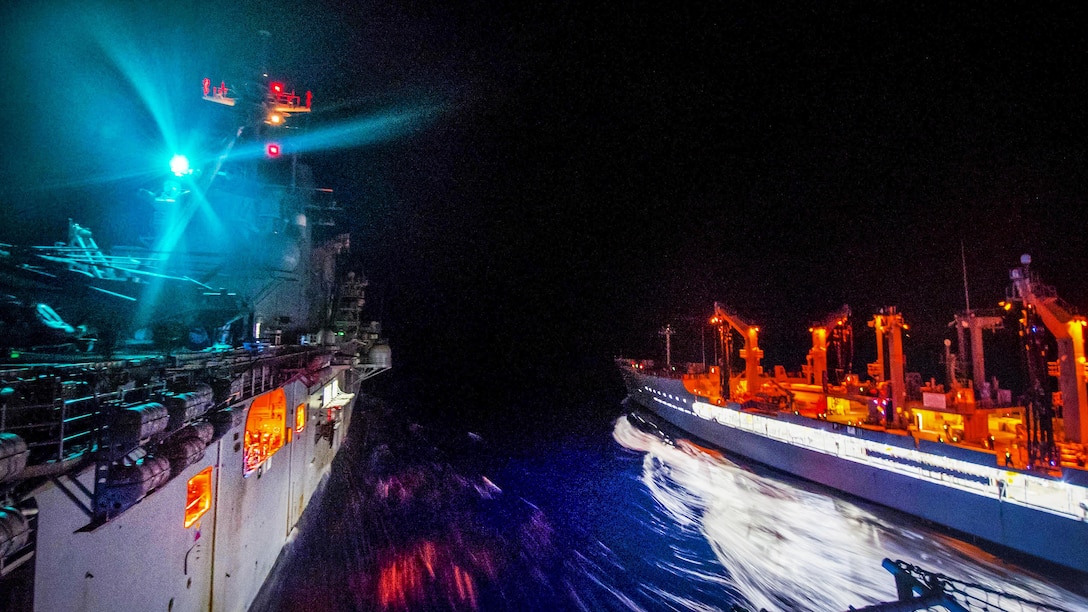 The USNS Rappahannock steams alongside the USS Bonhomme Richard during an underway replenishment in the Philippine Sea, June 16, 2017. The Bonhomme Richard is operating in the Indo-Asia-Pacific region. Navy photo by Petty Officer 2nd Class Jeanette Mullinax