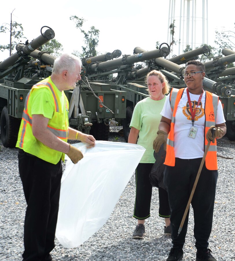 Personnel from the Environmental Branch, Marine Corps Logistics Base Albany, continue Earth Day cleanup efforts aboard the installation, recently. The team organizes weekly meetings to identify areas in need of debris removal. In the five weeks since the staff began the project, there has been roughly 10 tons of trash collected