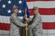 U.S. Air Force Col. Colin Morris, 20th Maintenance Group commander, hands over the 20th Component Maintenance Squadron (CMS) guidon to Maj. Francis Schillinger, 20th CMS commander, at Shaw Air Force Base, S.C., June 13, 2017. Schillinger came to Shaw after an assignment as an aircraft maintenance advisor to the Royal Saudi Air Force, Air Force Division, in Riyadh, Saudi Arabia. (U.S. Air Force photo by Airman 1st Class Destinee Sweeney)