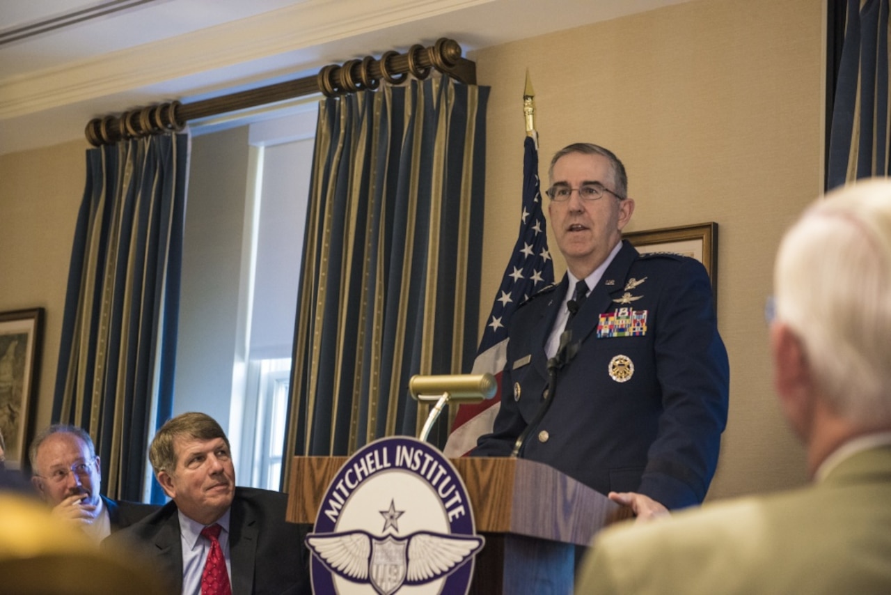 Air Force Gen. John E. Hyten, commander of U.S. Strategic Command, delivers remarks on space, nuclear and missile defense modernization during the Mitchell Institute Space Breakfast Series at the Capitol Hill Club in Washington, June 20, 2017. DoD photo by Petty Officer 2nd Class James P. Bleyle
