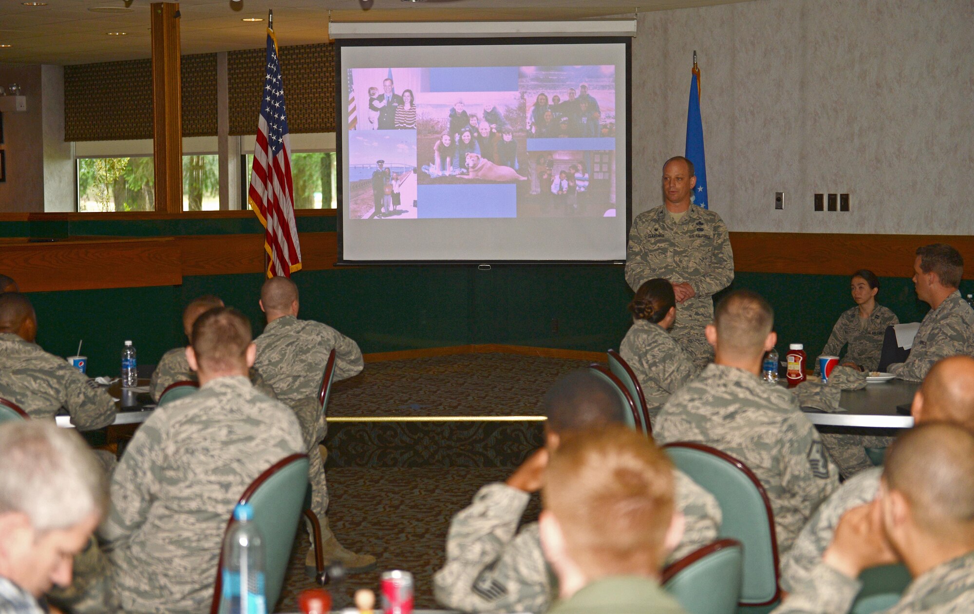 Col. Anthony Clavenna, 62nd Maintenance Group commander, speaks at the Lunch and Leadership Lecture June 16, 2017, at Joint Base Lewis-McChord, Wash. Clavenna provided his personal thoughts on leadership and command. (U.S. Air Force photo/Senior Airman Divine Cox)
