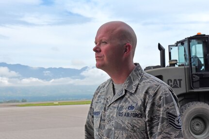 Technical Sgt. Jonathan Rasmussen, small air terminal section chief at Joint Task Force-Bravo, prepares to load cargo at Soto Cano Air Base, June 13, 2017. His call to duty includes supporting a weekly rotating mission in which a C130 aircraft brings in supplies such as food and medication from Charleston Air Force Base. These supplies go to the dining facility and other entities at JTF-Bravo to ensure that all service members’ needs are covered.