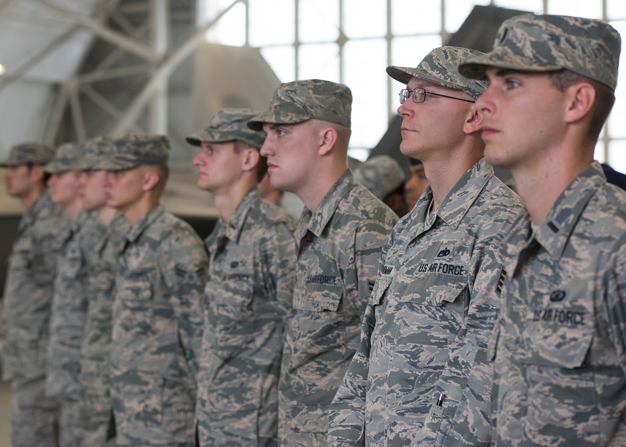 Airmen from the 53rd Wing stand at attention during a change of command ceremony June 20 at Eglin Air Force Base, Fla. During the ceremony Col. David Abba assumed command of the 53rd Wing from Col. Adrian Spain. (U.S. Air Force photo/ Ilka Cole)