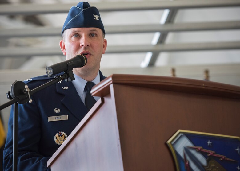 Col. David Abba, 53rd Wing commander, gives his first speech to members of the wing during a change of command ceremony June 20 at Eglin Air Force Base, Fla.  Abba is a command pilot with more than 1,700 hours in the T-38A, F-15C, F-22A, E-3B/C, C-12F, C-17A. Abba assumed command of the 53rd Wing from Col. Adrian Spain. (U.S. Force photo/Ilka Cole) 