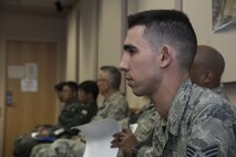 U.S. Air Force Senior Airman Joseph Goebel, a 35th Operations Support Squadron weather forecaster, waits to give his climate brief during a stand-up meeting during RED FLAG-Alaska 17-2, at Eielson Air Force Base, Alaska, June 16, 2017. For each mission, Misawa's weather flight personnel informed all pilots of the wind patterns as well as storm possibilities, including those based at Joint Base Elmendorf-Richardson, Alaska. (U.S. Air Force photo by Airman 1st Class Sadie Colbert)
