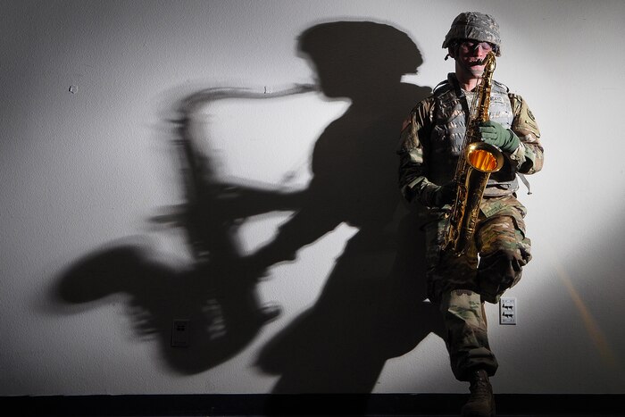 Army Sgt. Charles Moncayo, a native of Newport News, Va., assigned to the 9th Army Band, 17th Combat Sustainment Support Battalion, U.S. Army Alaska, plays his saxophone at the 9th Army Band headquarters on Joint Base Elmendorf-Richardson, Alaska, May 3, 2017.  Moncayo has a musical family history including famous American songwriter James Cavanaugh best known for penning 20th century favorites such as “Christmas in Killarney”, “You’re Nobody till Somebody Loves You”, and “Mississippi Mud.”
