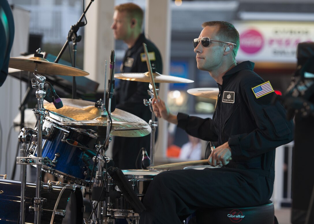 Tech. Sgt. Gabriel Staznik, Max Impact percussionist, plays the drums at a concert June 17, 2017, at the Rehoboth Beach Bandstand, in Rehoboth Beach, Del. Max Impact is the premier rock band of the U.S. Air Force. (U.S. Air Force photo by Senior Airman Zachary Cacicia)