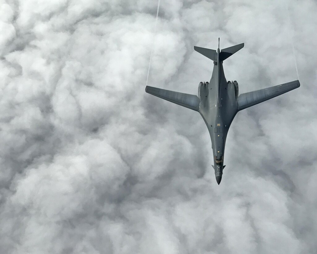 Two U.S. Air Force B-1B Lancers assigned to the 9th Expeditionary Bomb Squadron, deployed from Dyess Air Force Base, Texas, fly a 10-hour mission from Andersen Air Force Base, Guam, in the vicinity of Kyushu, Japan, the East China Sea, and the Korean peninsula, operating with the Japan Air Self-Defense Force and Republic of Korea Air Force, June 20, 2017. The B-1B’s rotational bomber presence allows U.S. forces to integrate with aerial platforms from our allied nations and take advantage of opportunities to advance and strengthen the long-standing military-to-military relationships in the Indo-Asia-Pacific. (U.S. Air Force photo/Airman 1st Class Gerald R. Willis)