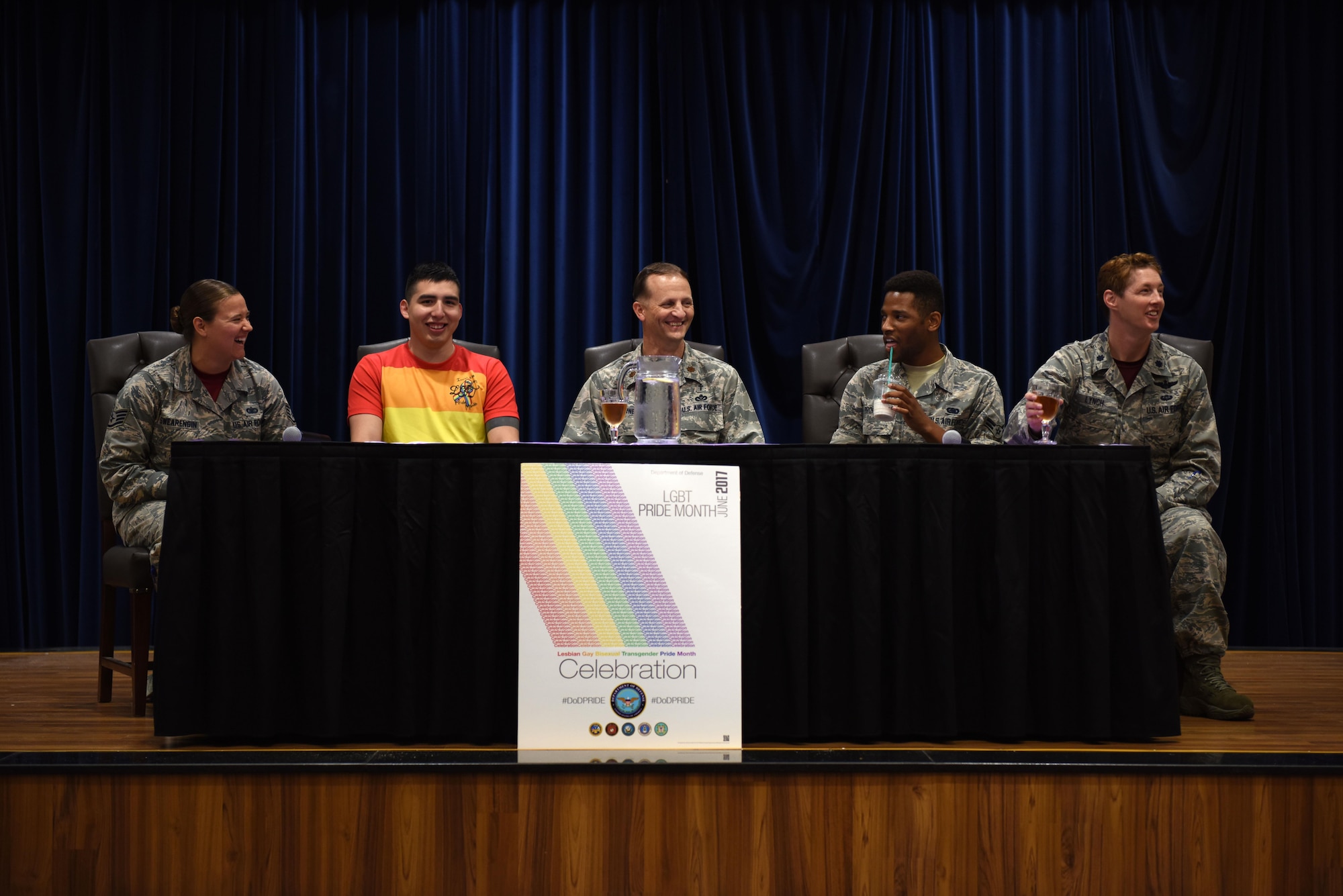 The Incirlik Lesbian, Gay, Bisexual and Transgender committee participate in a lunch and learn panel as part of LGBT Pride Month June 16, 2017, at Incirlik Air Base, Turkey. The panel featured five Airmen who answered questions pertaining to LGBT service members. (U.S. Air Force photo by Airman 1st Class Kristan Campbell)