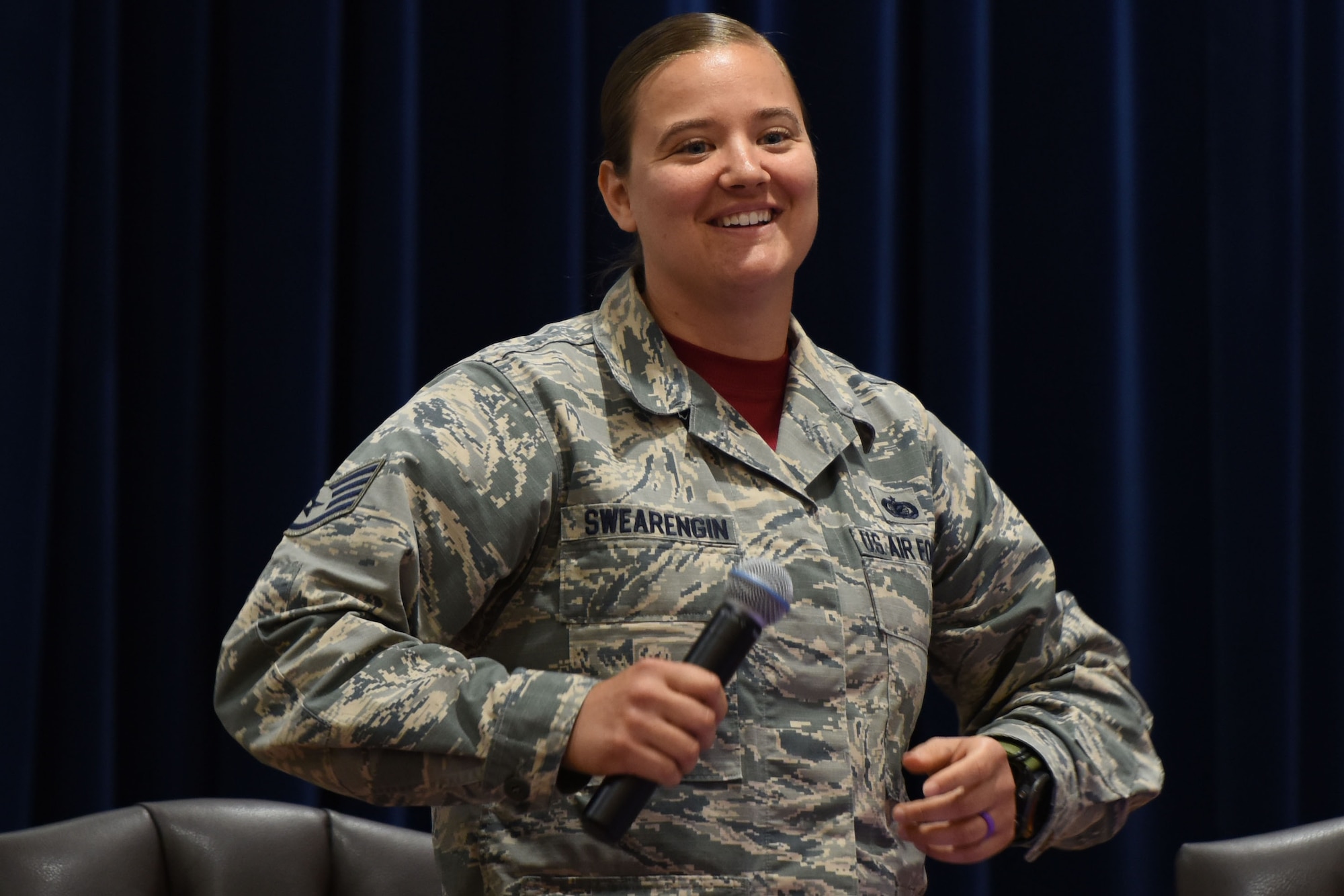 U.S. Air Force Staff Sgt. Amber Swearengin, 39th Air Base Wing Commander Support Staff NCO in charge, discusses topics relating to lesbian, gay, bisexual and transgender service members June 16, 2017, at Incirlik Air Base, Turkey. Swearengin participated in an LGBT Luncheon and shared her experiences on various topics, including her time in service before and after the Don’t Ask, Don’t Tell policy. (U.S. Air Force photo by Airman 1st Class Kristan Campbell) 