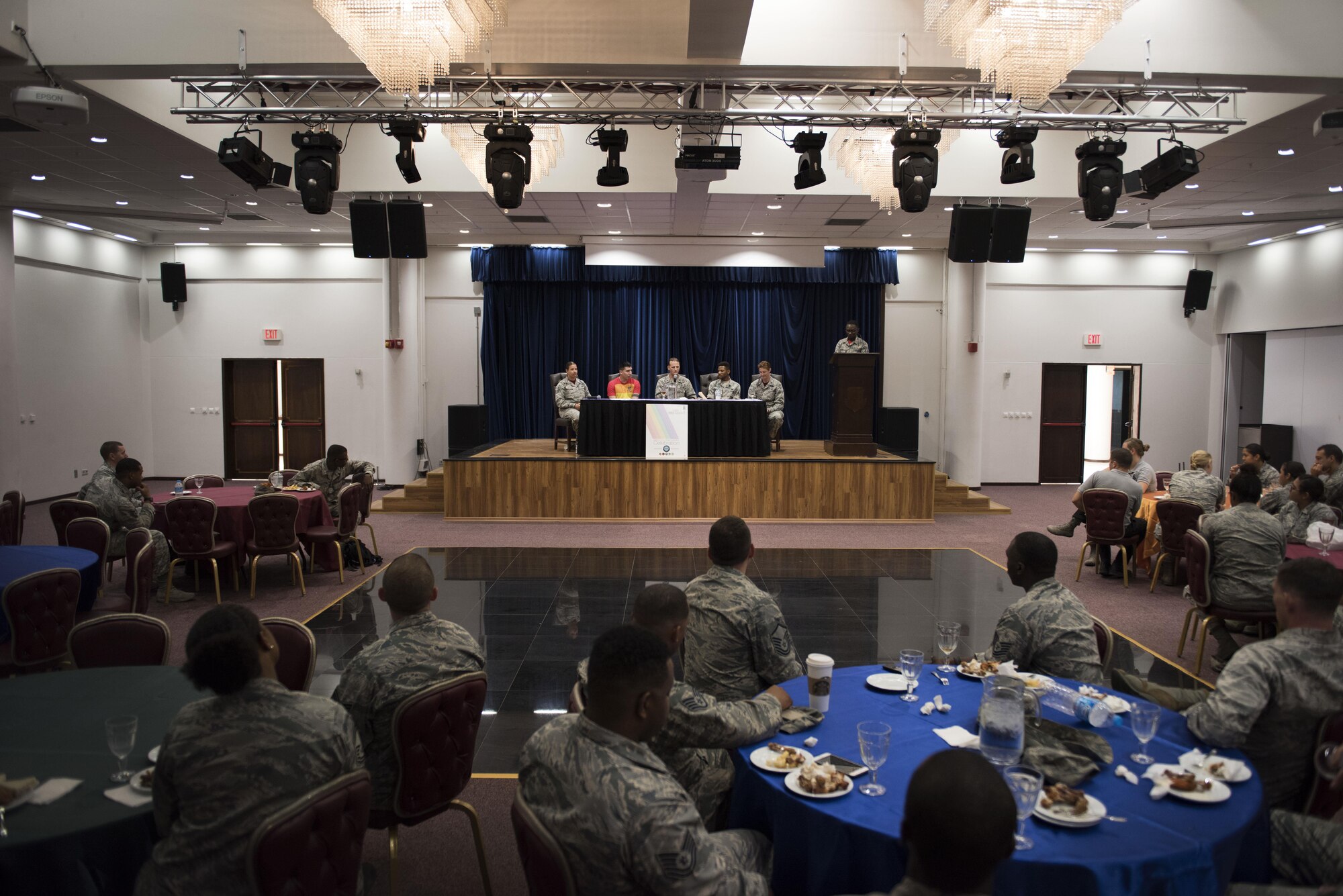 The Incirlik Lesbian, Gay, Bisexual and Transgender committee participate in a lunch and learn panel as part of LGBT Pride Month June 16, 2017, at Incirlik Air Base, Turkey. The panel featured five Airmen who answered questions pertaining to LGBT service members. (U.S. Air Force photo by Airman 1st Class Kristan Campbell)
