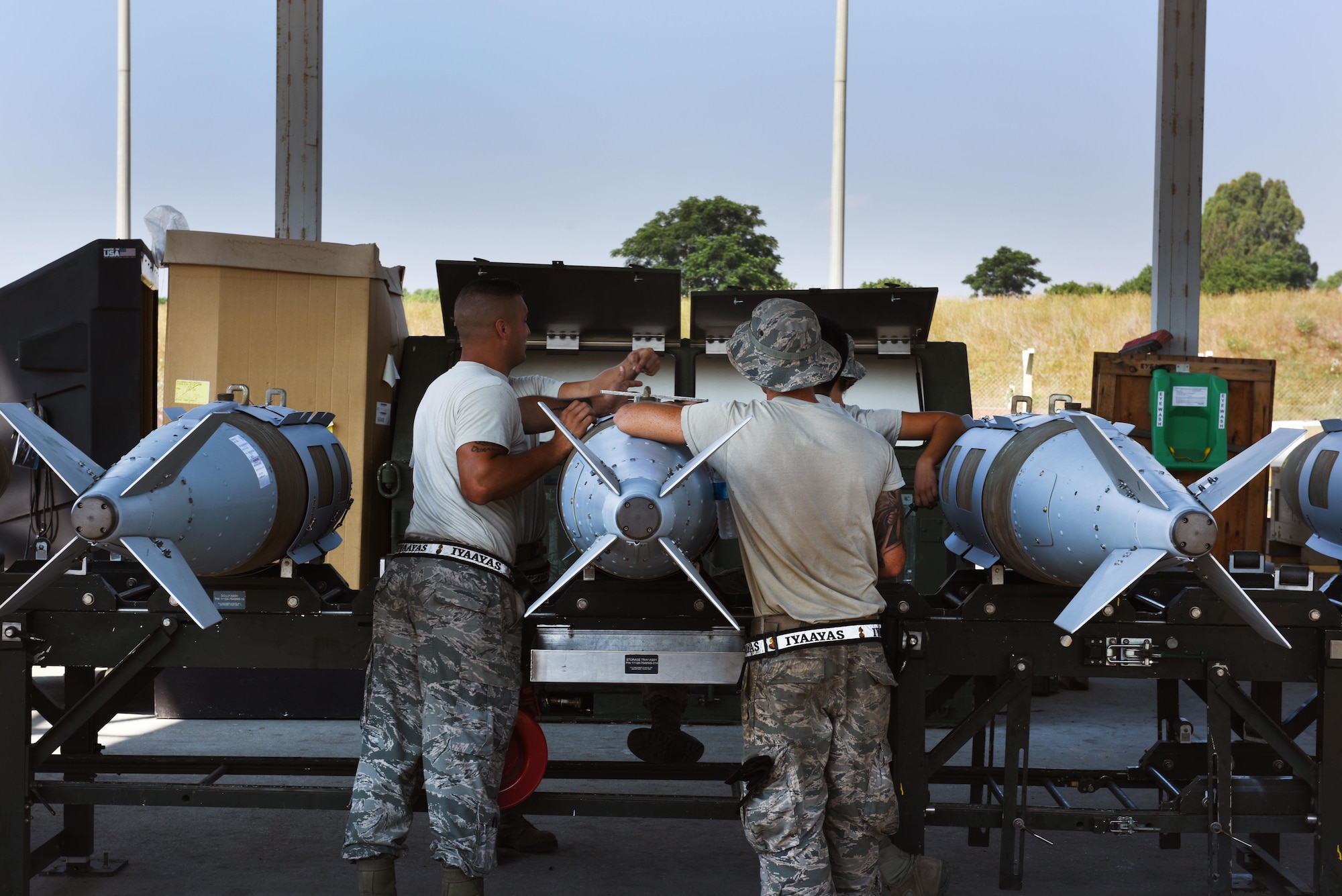 U.S. Airmen assigned to the 447th Expeditionary Aircraft Maintenance Squadron perform maintenance on joint direct attack munition GBU-31s June 16, 2017, at Incirlik Air Base, Turkey.  A Joint Direct Attack Munition, or JDAM, features a tail kit that converts unguided bombs into precision guided, all-weather munitions. (U.S. Air Force photo by Airman 1st Class Kristan Campbell)