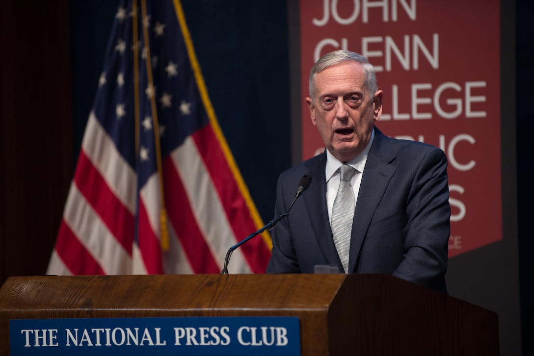 Defense Secretary Jim Mattis speaks at the National Press Club in Washington, D.C., June 20, 2017, where he received the 2017 Excellence in Public Service Award from Ohio State University's John Glenn College of Public Affairs. DoD photo by Army Sgt. Amber I. Smith