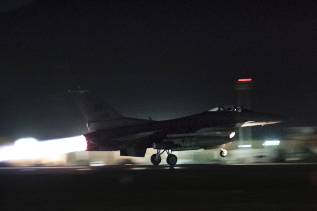 An Air Force F-16 Fighting Falcon takes off on a night sortie at Bagram Airfield, Afghanistan, July 16, 2017. Air Force photo by Staff Sgt. Benjamin Gonsier