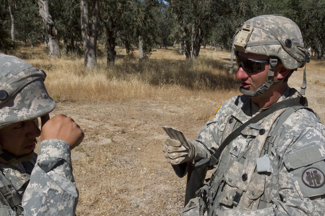 U.S. Army Sgt. Josh Brown conducts identification checks, on Tactical Assembly Area (TAA) Schoonover, during the 91st Training Division’s Warrior Exercise on Fort Hunter Liggett, Calif. June 15, 2017. Brown is part of the search team on TAA Schoonover, conducting identification and light vehicle searches. (Photo by Spc. Eric Unwin/released)