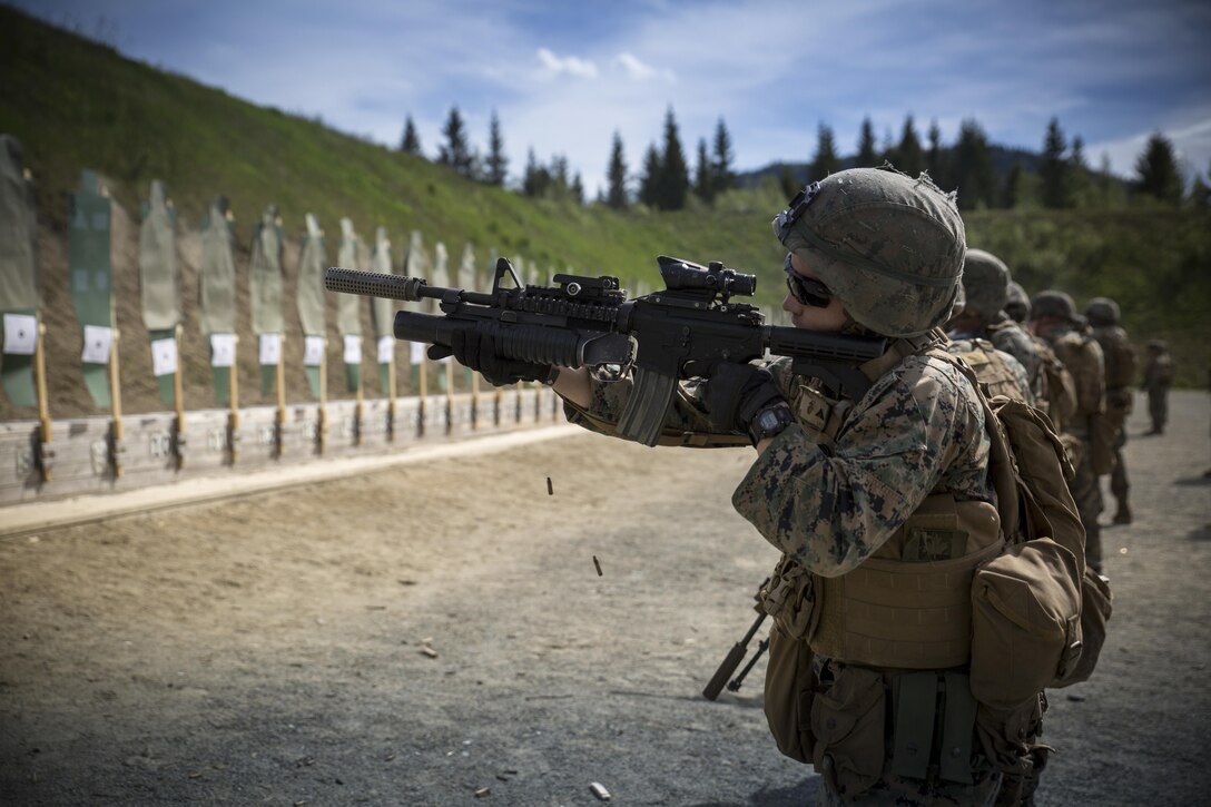 Marine Corps Lance Cpl. Logan Dennis, a rifleman assigned to Marine Rotational Force Europe 17.1, executes a box drill during a combat marksmanship range near Stjørdal, Norway, June 7, 2017.  This range provided Marines with the skills, knowledge, and attitude to succeed as a combat marksman. MRF-E Marines conduct live-fire ranges as often as possible, as repetition is the best tool to maintain readiness, especially while on deployment. Marine Corps photo by Cpl. Victoria Ross