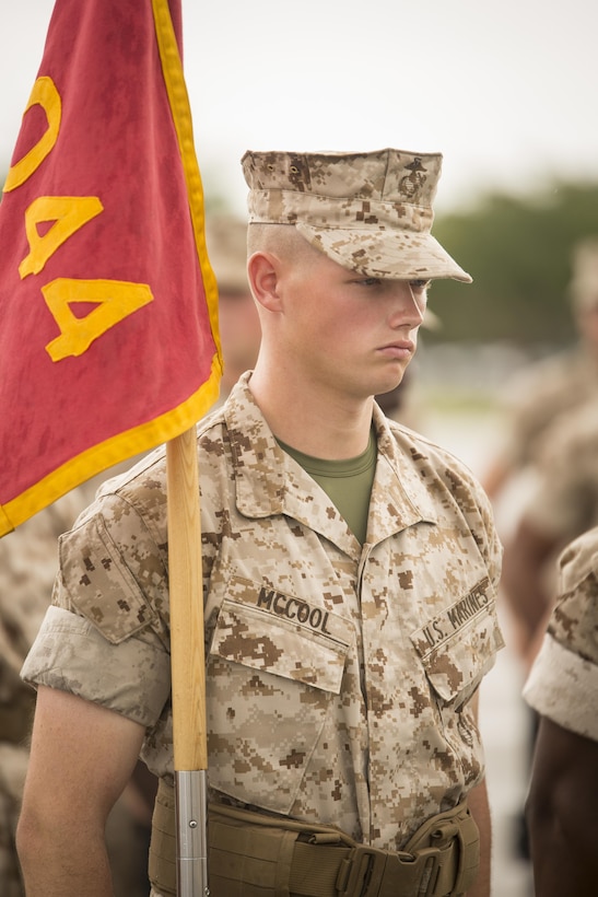U.S. Marine Corps Pfc. Sean G. McCool, Platoon 2044, Golf Company, 2nd Recruit Training Battalion, stands at attention during a final drill evaluation May 31, 2017, on Parris Island, S.C. As the platoon guide, McCool, 19, from Sharpsburg, Ga., leads the platoon following Senior Drill Instructor Staff Sgt. Devon A. Luevano's orders. Golf Company graduated June 9, 2017. Today, approximately 19,000 recruits come to Parris Island annually for the chance to become United States Marines by enduring 12 weeks of rigorous, transformative training. Parris Island is home to entry-level enlisted training for approximately 49 percent of male recruits and 100 percent of female recruits in the Marine Corps. (U.S. Marine Corps photo by Lance Cpl. Joseph Jacob)