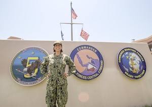 170608-N-ZV163-0002 MANAMA, Bahrain (June 8, 2017) Lt. Jennifer Johnson, a U.S. Naval Forces Central Command (NAVCENT) lawyer born and raised in Saudi Arabia, stands outside of U.S. 5th Fleet Headquarters onboard Naval Support Activity Bahrain. Johnson is named best lawyer under 40 by the LGBT National Bar Association’ for the class of 2017. The National LGBT Bar Association is the largest association of legal professionals in the U.S. supporting lesbian, gay, bisexual and transgender rights and an affiliate of the American Bar Association. (U.S. Navy photo by Mass Communication Specialist 2nd Class Christina Brewer)