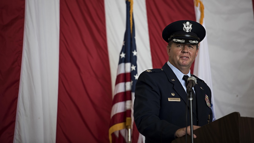 Col. Neil Richardson addresses the Soldier, Sailors and Airmen of Joint Base McGuire-Dix-Lakehurst after assuming command of the installation and the 87th Air Base Wing during a ceremony June 19, 2017 at Joint Base MDL, N.J. The change of command ceremony signified the transfer of authority from Col. Frederick D. Thaden to Richardson. (U.S. Air Force photo by Staff Sgt. Katherine Spessa)