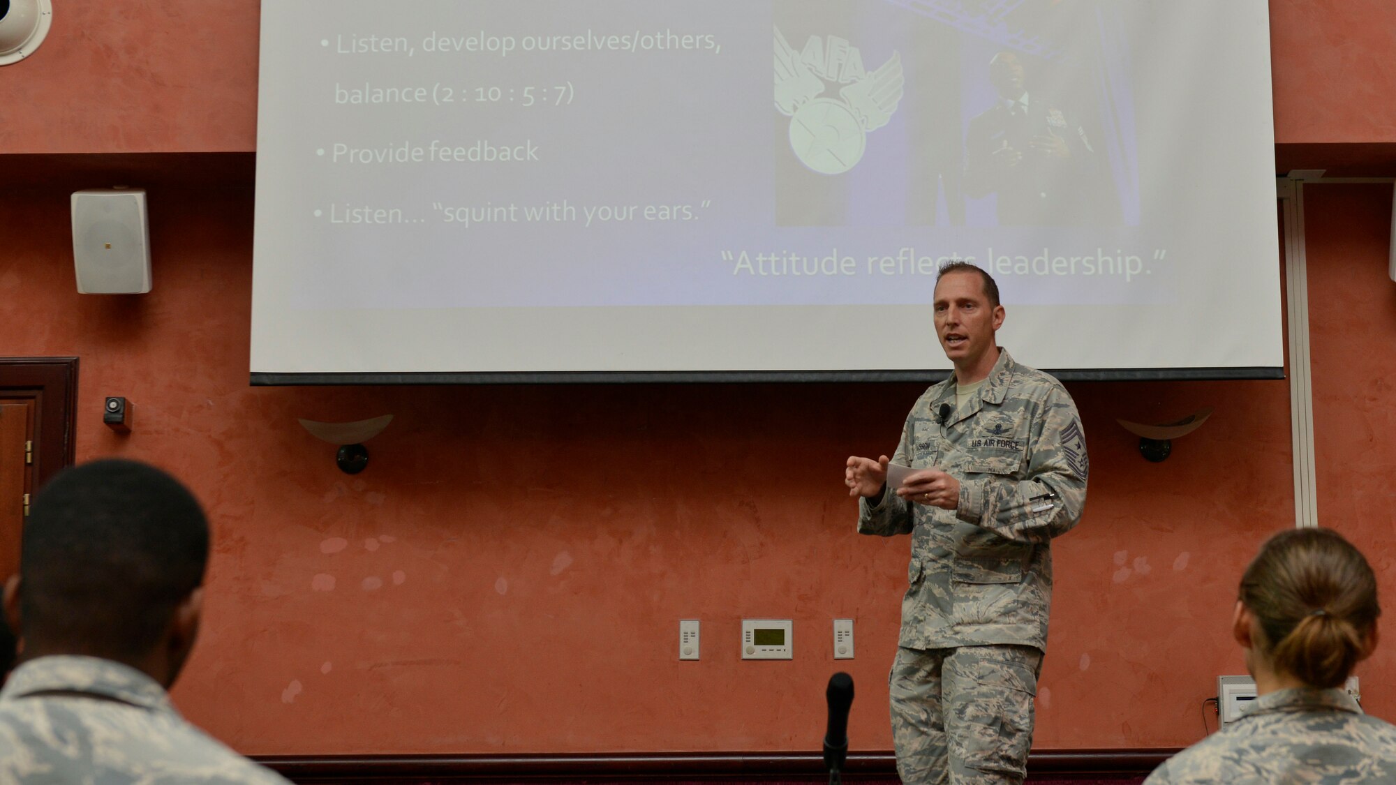 Chief Master Sgt. Matthew Lusson, 31st Fighter Wing command chief, shares Chief Master Sgt. of the Air Force Kaleth Wright’s focus areas with Aviano Airmen during an enlisted call, June 14, 2017, at Aviano Air Base, Italy. Lusson emphasized Wright’s words on resiliency and empowerment. (U.S. Air Force photo by Senior Airman Cary Smith)