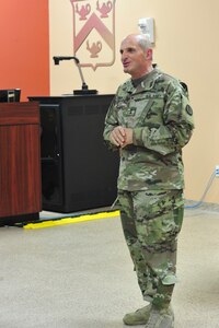 U.S. Army Maj. Gen. Paul Benenati, U.S. Army Training and Doctrine Command deputy chief of staff, speaks to the graduates of the Domestic Violence Intervention Training course during a graduation ceremony at Joint Base Langley-Eustis, Va., June 16, 2017. Benenati gave advice on how to use alternative techniques in communicating with victims. (U.S. Air Force photo/Angela D. Watson)