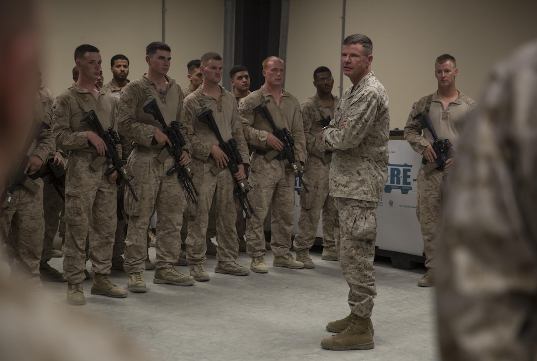 Lt. Gen. William Beydler, the commanding general of Marine Corps Forces Central Command, speaks with the Marines of Task Force Southwest at Bost Airfield, Afghanistan, June 18, 2017. During the visit, Beydler discussed current events in the U.S. Central Command area of operations, recognized several Marines for outstanding performance and took part in a key leader engagement. Task Force Southwest, comprised of approximately 300 Marines and Sailors from II Marine Expeditionary Force, are training, advising and assisting the Afghan National Army 215th Corps and the 505th Zone National Police. (U.S. Marine Corps photo by Sgt. Justin T. Updegraff)