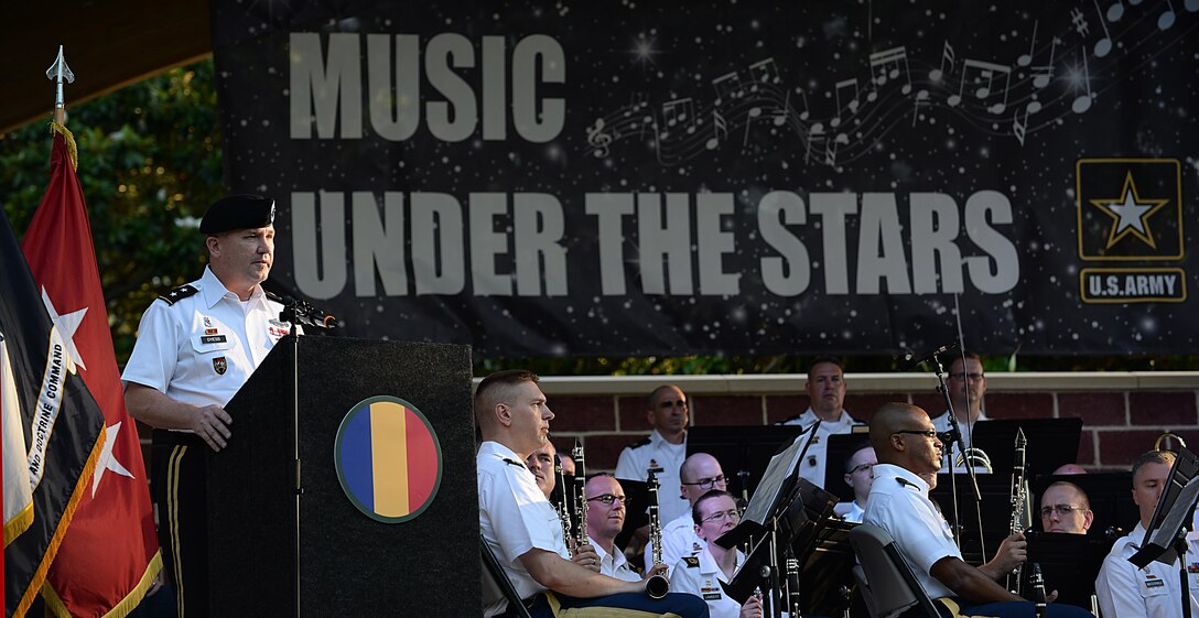 U.S. Army Maj. General Bo Dyess, Army Capabilities Integration Center commander, thanks past, present and future Army Soldiers for their service during the Army 242nd birthday, Music Under the Stars celebration at Joint Base Langley-Eustis, Va., June 15, 2017. As this year marks 100 years since the U.S. entered WWI, the theme for the Army birthday was ‘Over there! A celebration of the World War I Soldier.’ (U.S. Air Force photo/Staff Sgt. Teresa J. Cleveland)