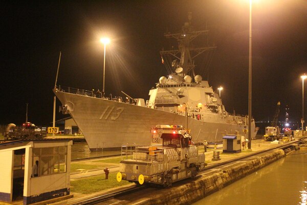 PANAMA CANAL, Panama (June 13, 2017) - The Arleigh Burke-class guided missile destroyer USS John Finn (DDG 113) transits the Panama Canal as part of its maiden voyage to its homeport of San Diego, California. John Finn was placed in commission on June 2, 2017 and is scheduled to have a commissioning ceremony at U.S. Naval Station Pearl Harbor, Hawaii, July 15, 2017. (U.S. Navy Photo by Lieutenant Chase Allvord/Released)